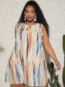 SHEIN CURVE+ 大碼筆刷圖案背心連衣裙 - 彩色 - 查看 3