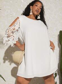 SHEIN CURVE+ 大碼拼接水溶蕾絲挖肩連衣裙 - 白色 - 查看 4