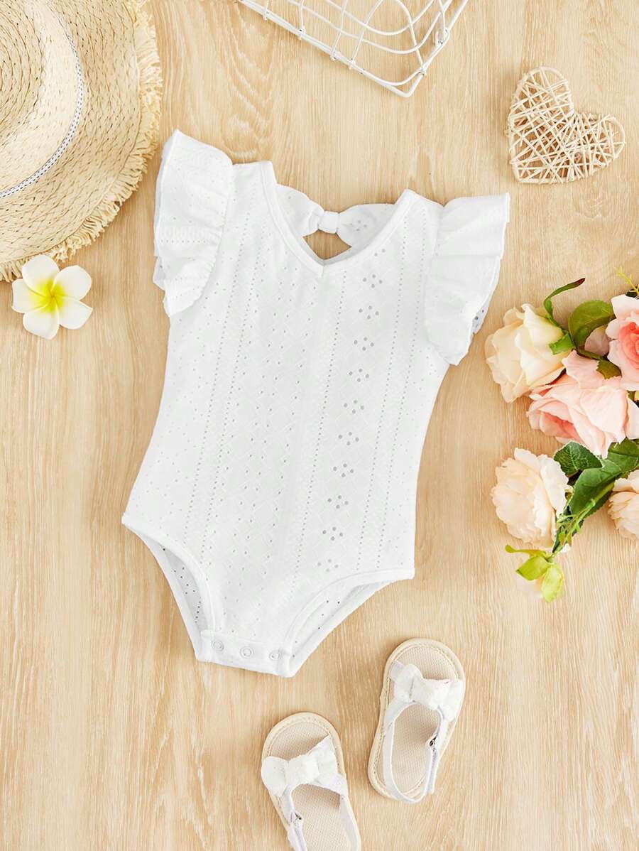 嬰兒女孩露眼繡花荷葉邊連身衣 - 白色 - 查看 1