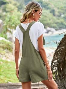 EMERY ROSE Áo liền quần nữ Nút Túi Thùa khuyết màu trơn Giải trí - xanh quân đội - Xem 2