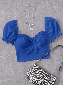 SHEIN EZwear Áo nữ viền lá sen Thắt nơ trước Nếp gấp Phần Ngực màu trơn Giải trí - Xanh đậm - Xem 1