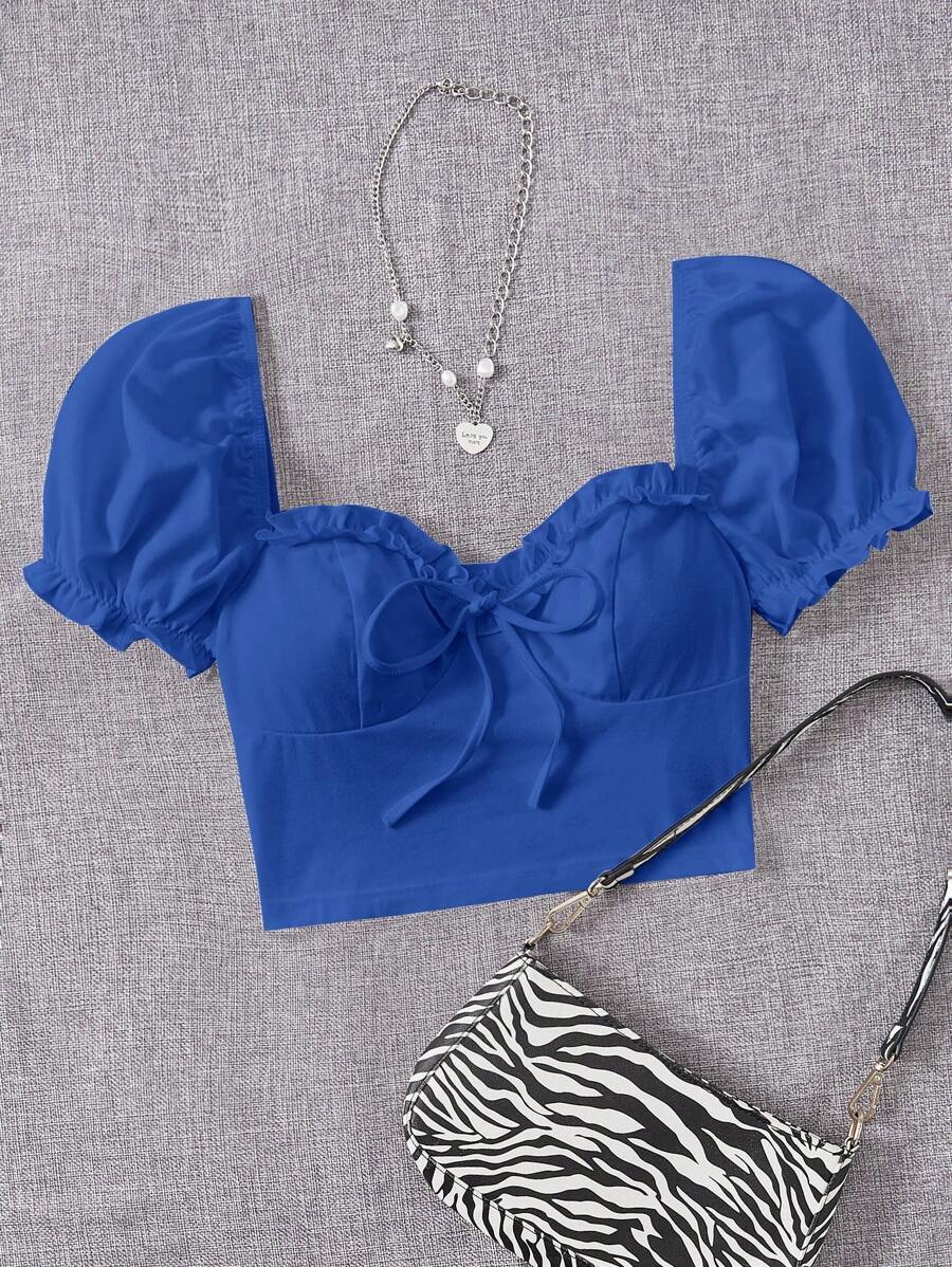 SHEIN EZwear Áo nữ viền lá sen Thắt nơ trước Nếp gấp Phần Ngực màu trơn Giải trí - Xanh đậm - Xem 1