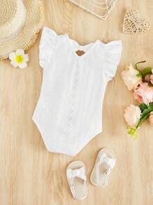 嬰兒女孩露眼繡花荷葉邊連身衣 - 白色 - 查看 2