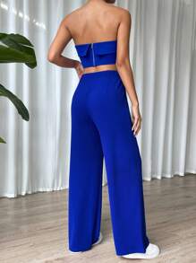 SHEIN EZwear unicolor Top bandeau & Pantalones de pierna ancha - azul real - Ver 2