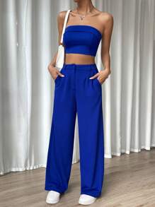 SHEIN EZwear unicolor Top bandeau & Pantalones de pierna ancha - azul real - Ver 5