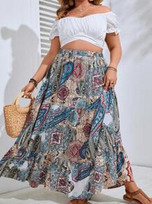 SHEIN Holidaya 大碼佩斯利印花荷葉邊半身裙 - 彩色 - 查看 3