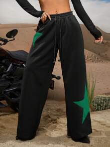 SHEIN ICON 星星印花腰部抽繩衛褲 - 黑色 - 查看 4