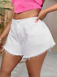 SHEIN VCAY 大碼毛邊牛仔短褲 - 白色 - 查看 2