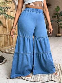 SHEIN SXY Plus Ruffle Hem Wide Leg Jeans - Medium Wash - View 3