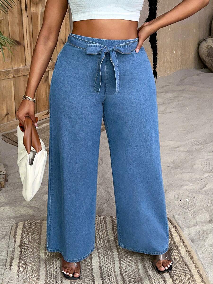 SHEIN SXY Quần Denim kích thước lớn Thắt lưng Dây kéo màu trơn - Rửa trung bình - Xem 1