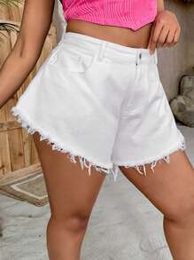 SHEIN VCAY 大碼毛邊牛仔短褲 - 白色 - 查看 5