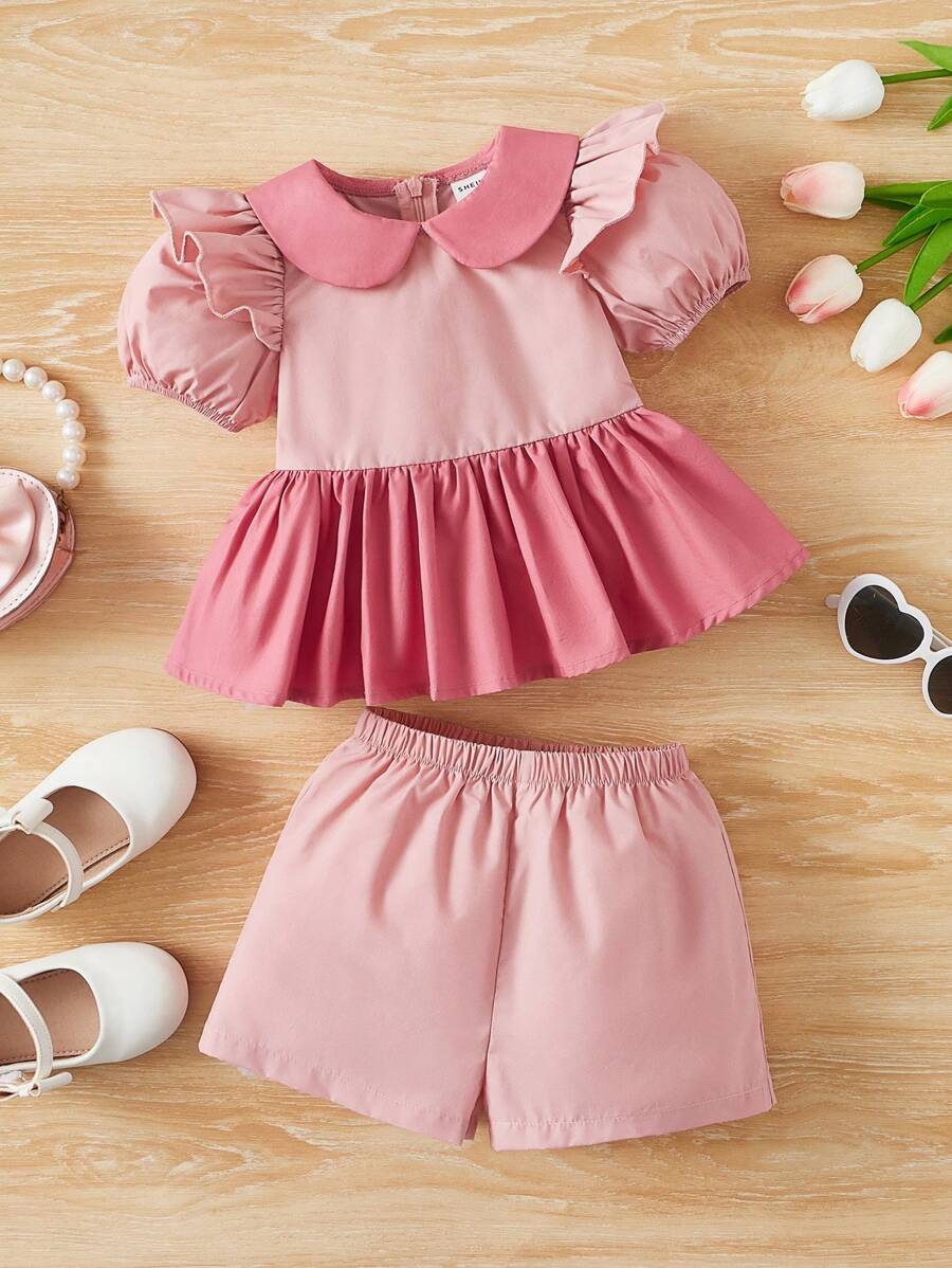 SHEIN Bộ đồ Em bé Tương phản ren Xù Viên lá sen Dây kéo Khối Màu - Hồng - Xem 1