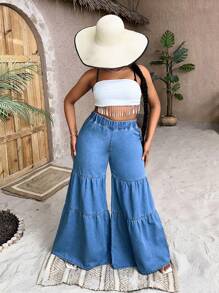 SHEIN SXY Plus Ruffle Hem Wide Leg Jeans - Medium Wash - View 4