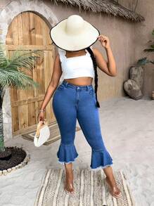 SHEIN SXY 大碼高腰毛邊緣牛仔喇叭褲 - 中等水洗藍 - 查看 5