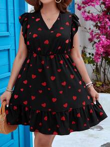 SHEIN VCAY Vestido con estampado de corazón ribete con fruncido - Negro - Ver 5