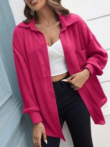 SHEIN LUNE Drop Shoulder Pocket Patched Button Front Shirt Without Cami Top - Hot Pink - View 1