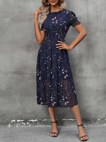 SHEIN Clasi Vestido línea A con estampado de mariposa de manga farol - Azul Marino - Ver 3