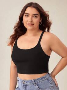 SHEIN BASICS 大碼素色背心上衣 - 黑色 - 查看 5