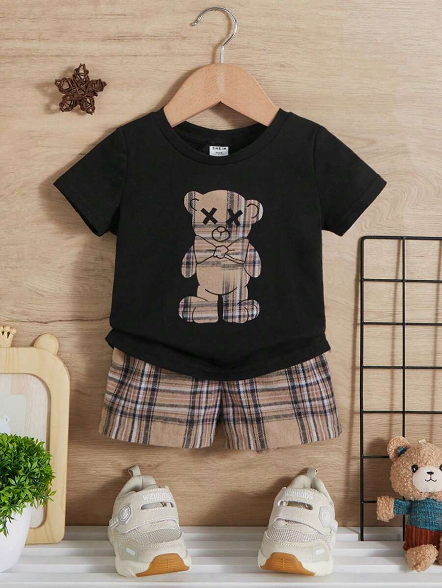 SHEIN Đứa bé trai In Gấu Áo thun & In kẻ sọc Quần short - Nhiều màu - Xem 1
