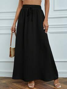 SHEIN Tall Solid Drawstring Waist Maxi Skirt - Black - View 1