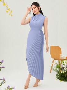 Modelyn 小高領百褶不對稱下擺連衣裙不附腰帶 - 淺藍色 - 查看 6