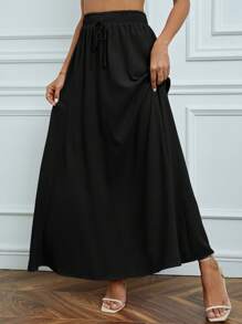 SHEIN Tall Solid Drawstring Waist Maxi Skirt - Black - View 3