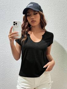 SHEIN EZwear Camiseta con cuello en pico - Negro - Ver 3