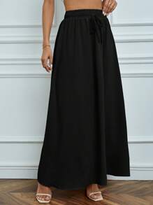SHEIN Tall Solid Drawstring Waist Maxi Skirt - Black - View 4