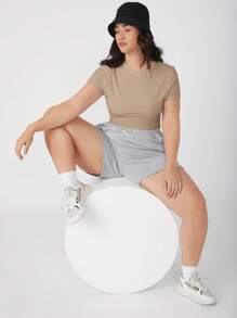 SHEIN BASICS Camiseta delgada unicolor - Caqui - Ver 4