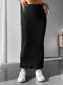 SHEIN PETITE High Waist Solid Pencil Skirt - Black - View 4