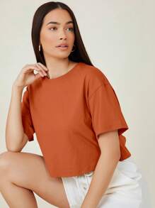 SHEIN BASICS Drop Shoulder Solid Crop Tee - Rust Brown - View 3