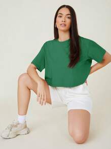 SHEIN BASICS 落肩實色短版t恤 - 綠色 - 查看 4