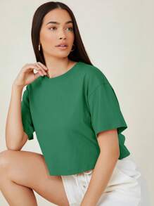 SHEIN BASICS 落肩實色短版t恤 - 綠色 - 查看 5