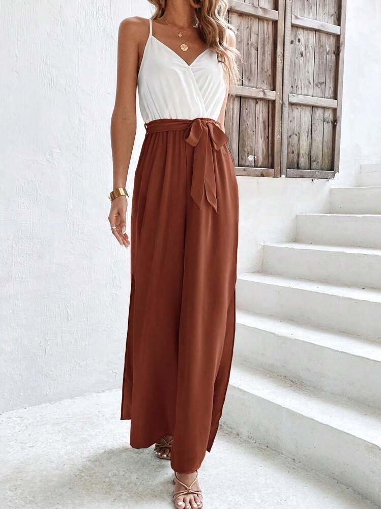 SHEIN Frenchy ツートーン ハイスプリット ベルト キャミジャンプスーツ - レッドウッド - 見る 4