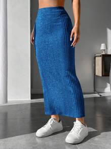 SHEIN PETITE Falda de lápiz de talle alto tejido de canalé - Azul - Ver 4