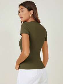 SHEIN BASICS 女款休閒舒適素色短袖修身T恤女夏季上衣 - 軍綠色 - 查看 3