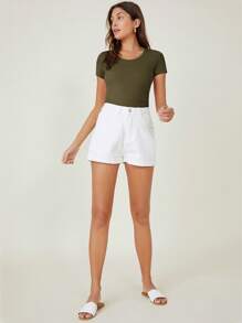 SHEIN BASICS 女款休閒舒適素色短袖修身T恤女夏季上衣 - 軍綠色 - 查看 4