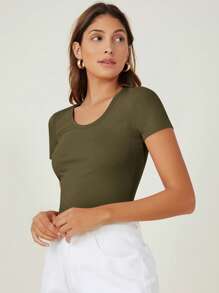 SHEIN BASICS 女款休閒舒適素色短袖修身T恤女夏季上衣 - 軍綠色 - 查看 5