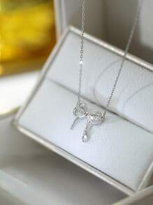 Nooxian 1入組時尚方晶鋯石蝴蝶結和心形銅方晶鋯石吊墜項鍊適合女士 - 銀色 - 查看 3