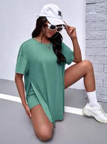 SHEIN Maternity Split Hem Drop Shoulder Tee & Adjustable Waist Cycling Shorts - Green - View 1