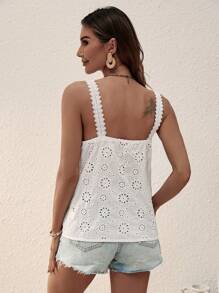 SHEIN LUNE Eyelet Embroidery Contrast Lace Wide Strap Top