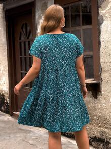 EMERY ROSE Plus Ditsy Floral Print Ruffle Hem Smock Dress, Summer,Beach Dress Sundress,Holiday Outfits Boho - Teal Blue - View 2