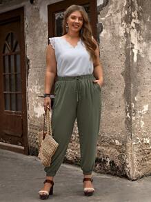 EMERY ROSE Quần Plus Size Dây kéo Thắt nút Túi màu trơn Giải trí - xanh quân đội - Xem 5