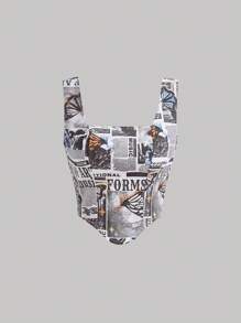 SHEIN MOD 字母與蝴蝶印花頭巾下擺牛仔上衣 - 彩色 - 查看 1