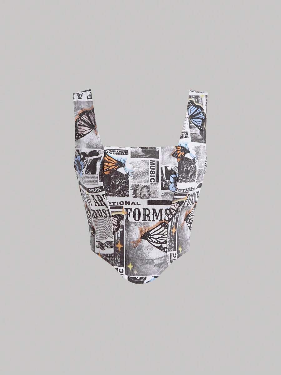 SHEIN MOD 字母與蝴蝶印花頭巾下擺牛仔上衣 - 彩色 - 查看 1