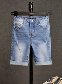 SHEIN Boys Ripped Frayed Bleach Wash Denim Shorts - Light Wash - View 1