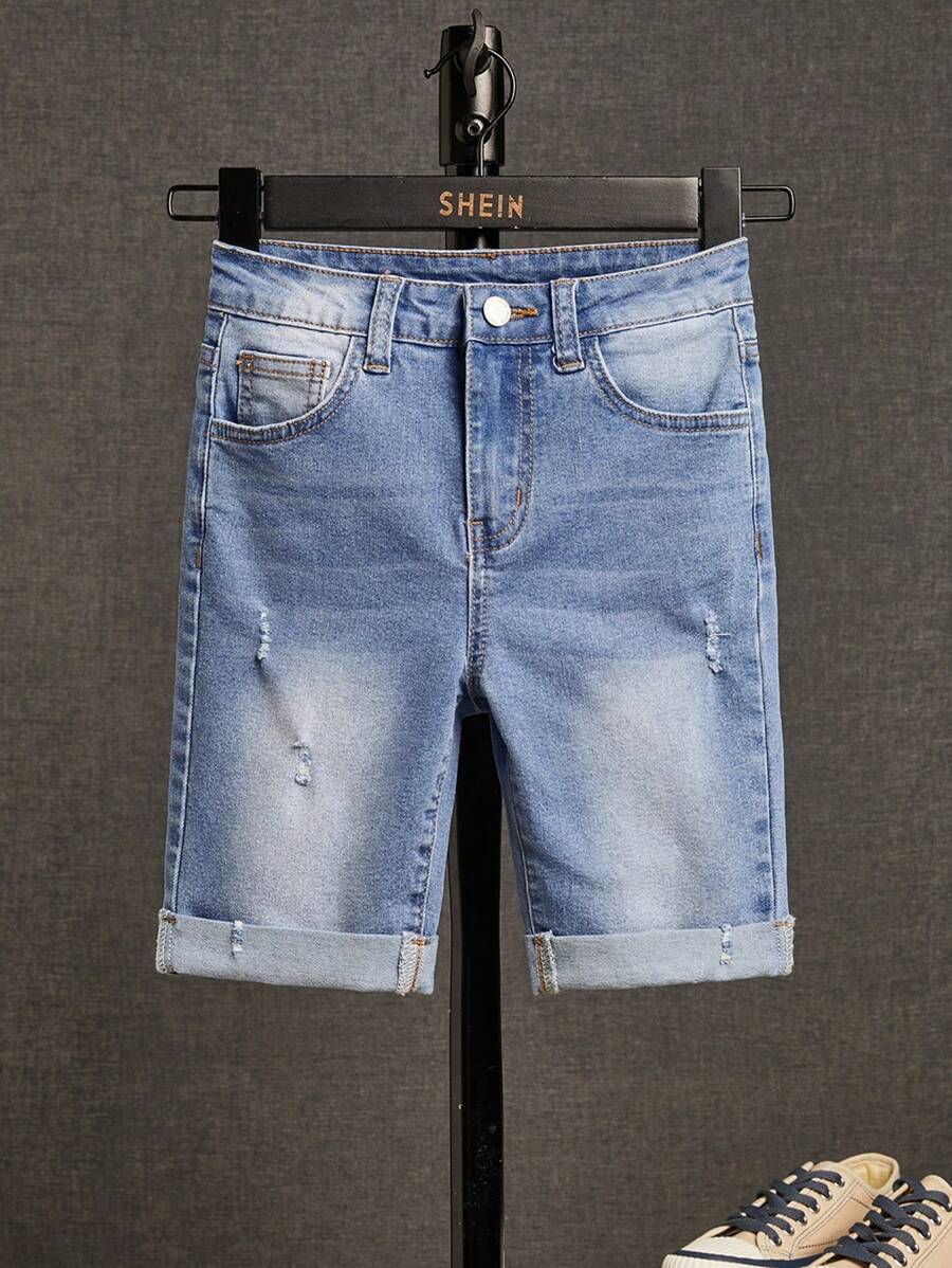 SHEIN Boys Ripped Frayed Bleach Wash Denim Shorts - Light Wash - View 1