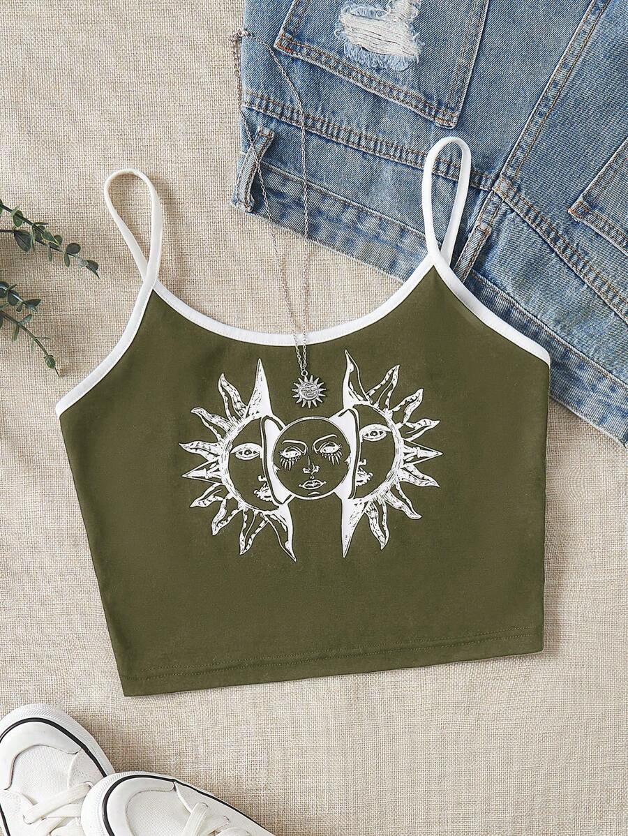SHEIN EZwear 太陽印花撞色滾邊吊帶上衣 - 軍綠色 - 查看 1