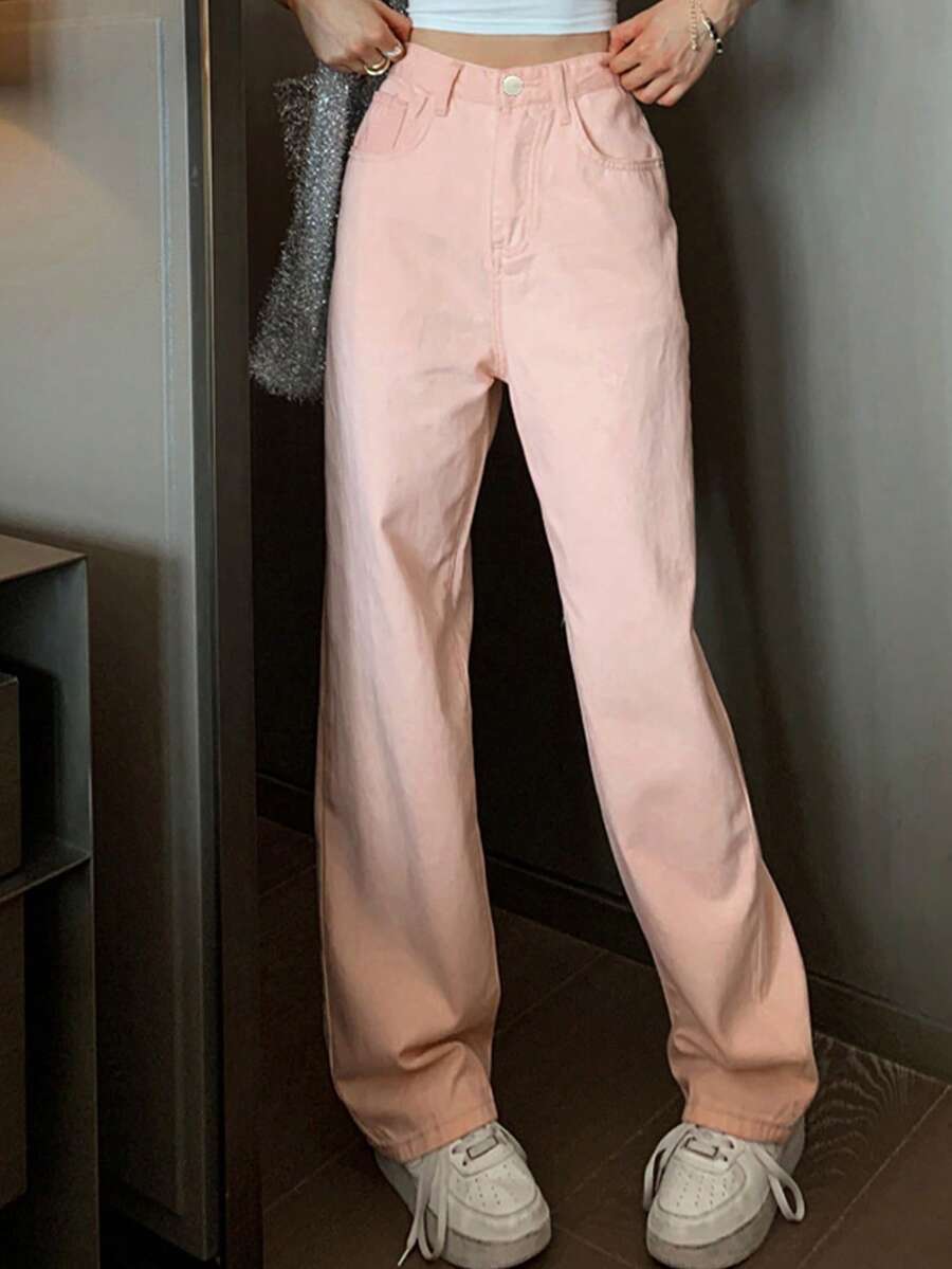 Solid Straight Leg Jeans - Baby Pink - View 1