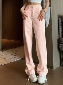 Solid Straight Leg Jeans - Baby Pink - View 4